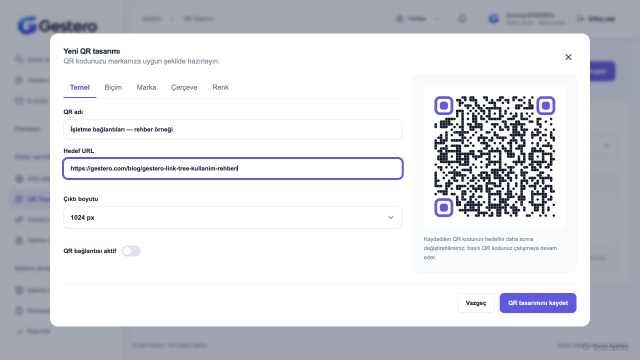 Gestero QR düzenleyicisinde ad, hedef URL, boyut ve önizleme alanları